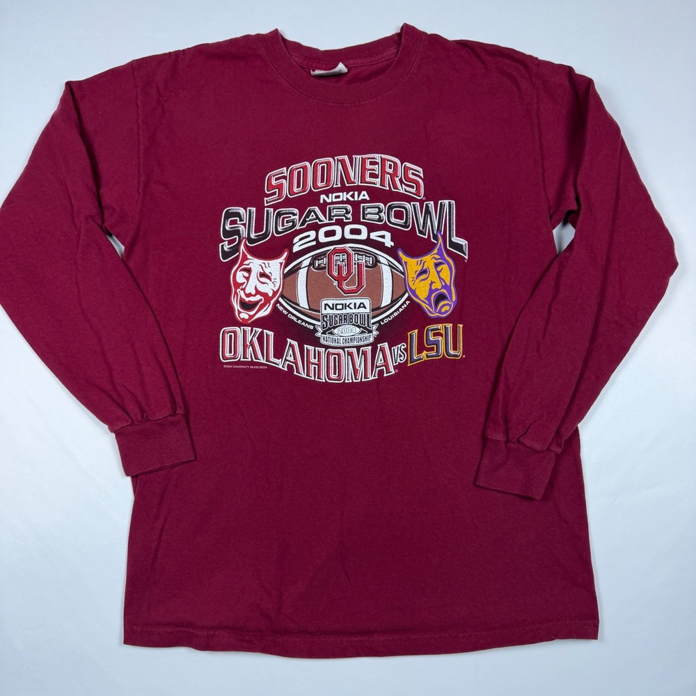 Hanes Long Sleeve T-Shirt Mens M Maroon Excellent 2004 Sugar Bowl OU vs LSU